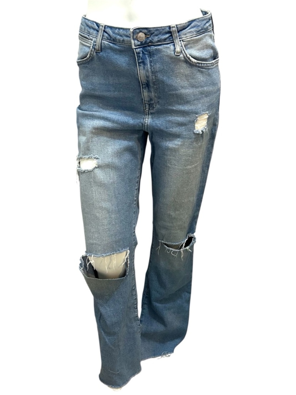 Forever 21 Distressed High Rise Open Knee Flare Leg Blue Denim Jeans - Size 28